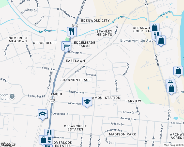 map of restaurants, bars, coffee shops, grocery stores, and more near 1213 Sylvia Dr in Nashville