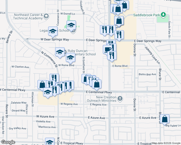 map of restaurants, bars, coffee shops, grocery stores, and more near 6527 North Goldfield Street in North Las Vegas