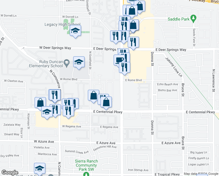 map of restaurants, bars, coffee shops, grocery stores, and more near 6401-6487 North 5th Street in North Las Vegas