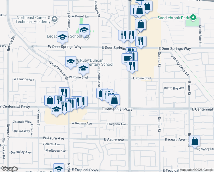 map of restaurants, bars, coffee shops, grocery stores, and more near 6527 North Goldfield Street in North Las Vegas