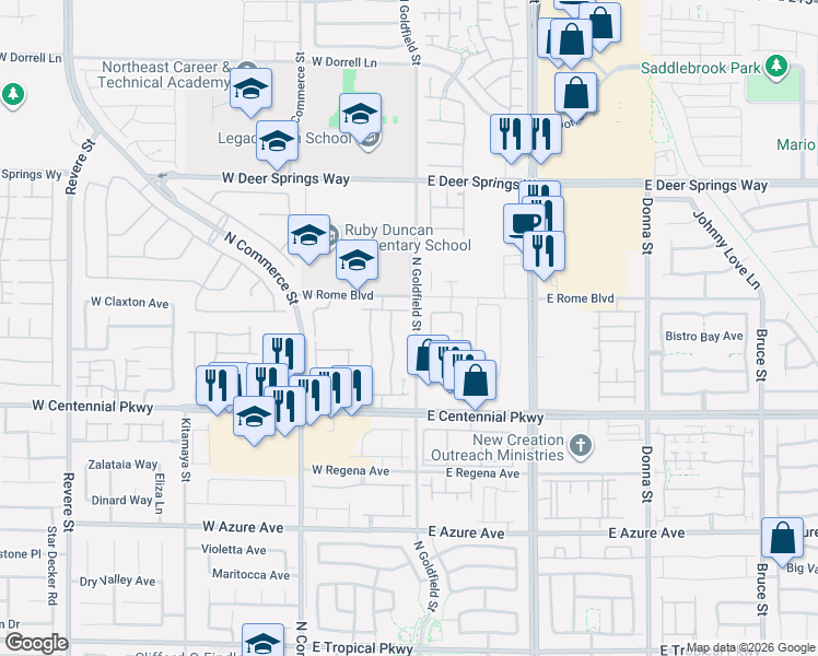 map of restaurants, bars, coffee shops, grocery stores, and more near 6531 North Goldfield Street in North Las Vegas
