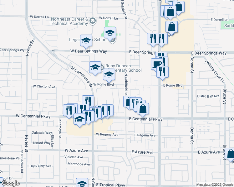 map of restaurants, bars, coffee shops, grocery stores, and more near 6537 North Butterfly Sky Street in North Las Vegas