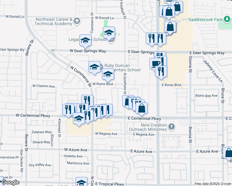 map of restaurants, bars, coffee shops, grocery stores, and more near 6537 North Butterfly Sky Street in North Las Vegas