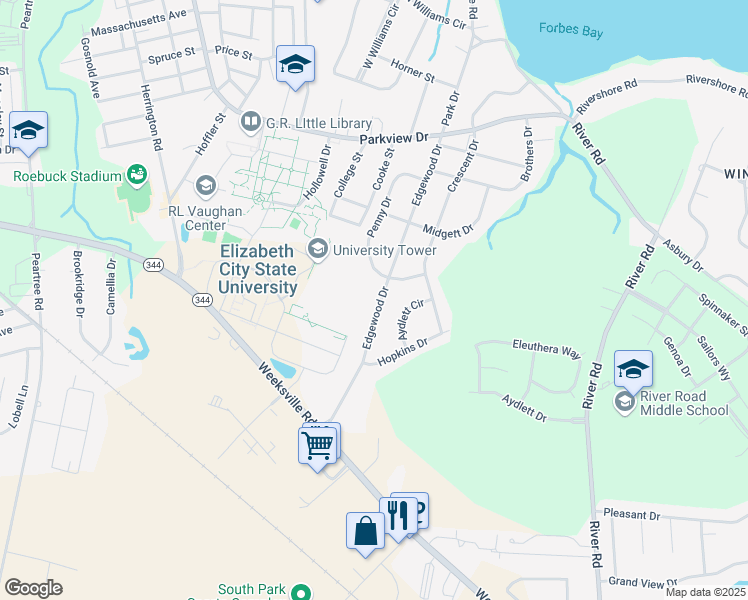 map of restaurants, bars, coffee shops, grocery stores, and more near 1707 Edgewood Drive in Elizabeth City