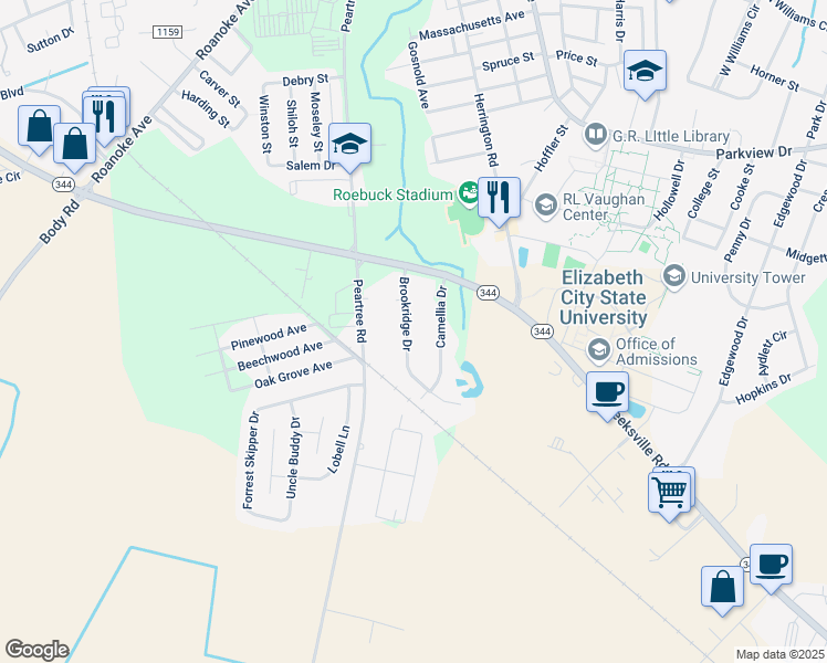 map of restaurants, bars, coffee shops, grocery stores, and more near 1612 Brookridge Drive in Elizabeth City