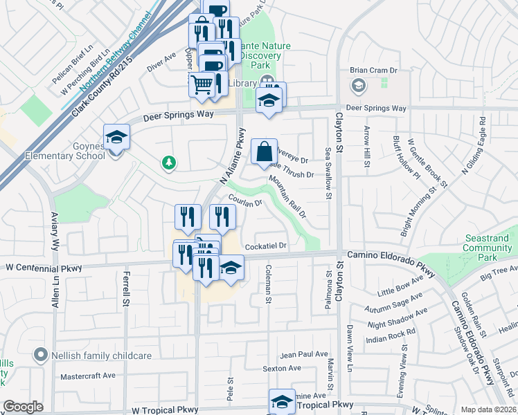 map of restaurants, bars, coffee shops, grocery stores, and more near 2425 Courlan Drive in North Las Vegas
