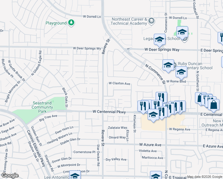 map of restaurants, bars, coffee shops, grocery stores, and more near 6525 Bismark Hills Street in North Las Vegas