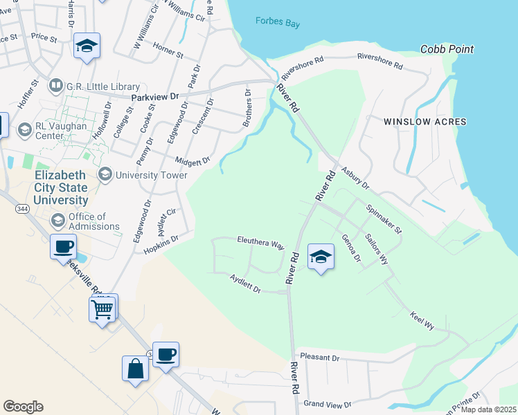 map of restaurants, bars, coffee shops, grocery stores, and more near 2174 Eleuthera Way in Elizabeth City