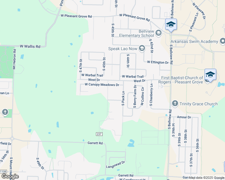 map of restaurants, bars, coffee shops, grocery stores, and more near 5865 South 45th Street in Rogers
