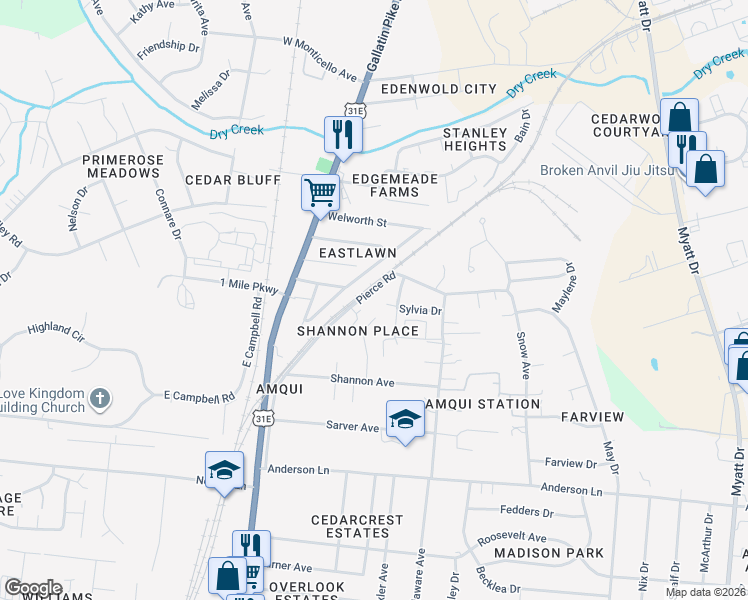 map of restaurants, bars, coffee shops, grocery stores, and more near 1119 Palmer Avenue in Nashville