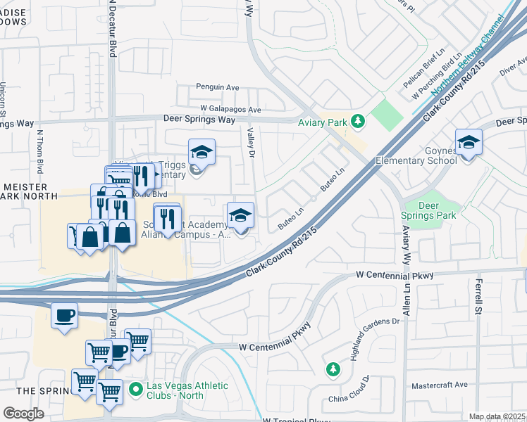 map of restaurants, bars, coffee shops, grocery stores, and more near 6545 Cedar Waxwing Street in North Las Vegas