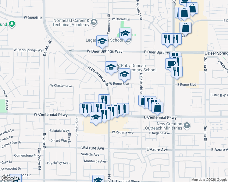 map of restaurants, bars, coffee shops, grocery stores, and more near 224 Biscotti Avenue in North Las Vegas