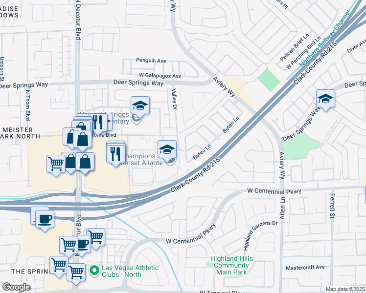 map of restaurants, bars, coffee shops, grocery stores, and more near 6545 Cedar Waxwing Street in North Las Vegas