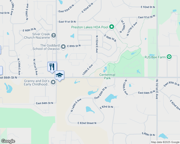 map of restaurants, bars, coffee shops, grocery stores, and more near 15005 East 87th Street North in Owasso