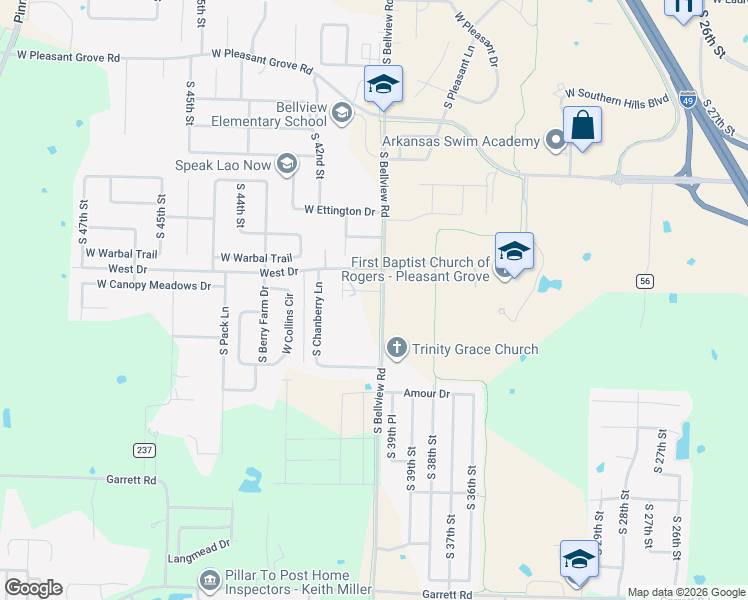 map of restaurants, bars, coffee shops, grocery stores, and more near 5858 South Bellview Road in Rogers