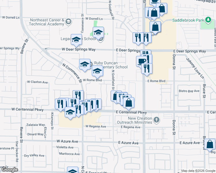 map of restaurants, bars, coffee shops, grocery stores, and more near 6548 North Butterfly Sky Street in North Las Vegas