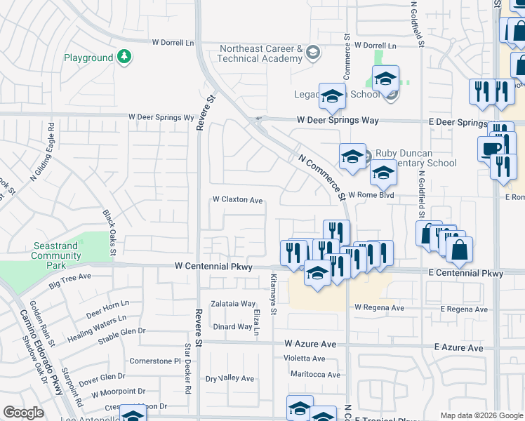map of restaurants, bars, coffee shops, grocery stores, and more near 6520 North Point Break Street in North Las Vegas