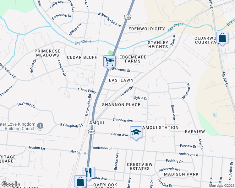 map of restaurants, bars, coffee shops, grocery stores, and more near 1319 Pierce Road in Nashville