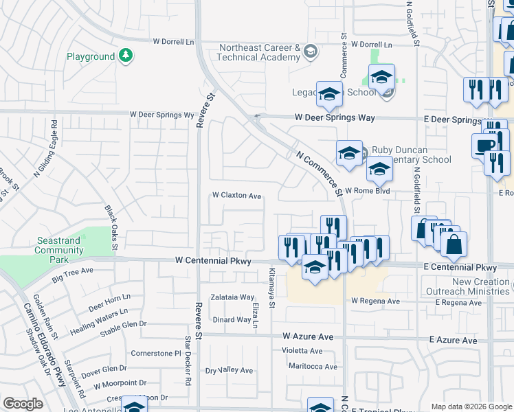 map of restaurants, bars, coffee shops, grocery stores, and more near 518 West Seneca Ridge Avenue in North Las Vegas