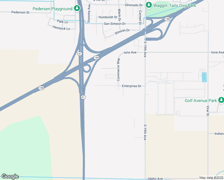 map of restaurants, bars, coffee shops, grocery stores, and more near 1575 Enterprise Drive in Lemoore