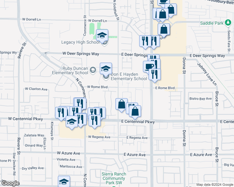 map of restaurants, bars, coffee shops, grocery stores, and more near 6551 North Goldfield Street in North Las Vegas