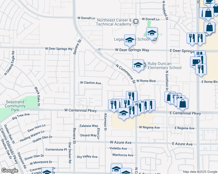 map of restaurants, bars, coffee shops, grocery stores, and more near 443 River Glider Avenue in North Las Vegas