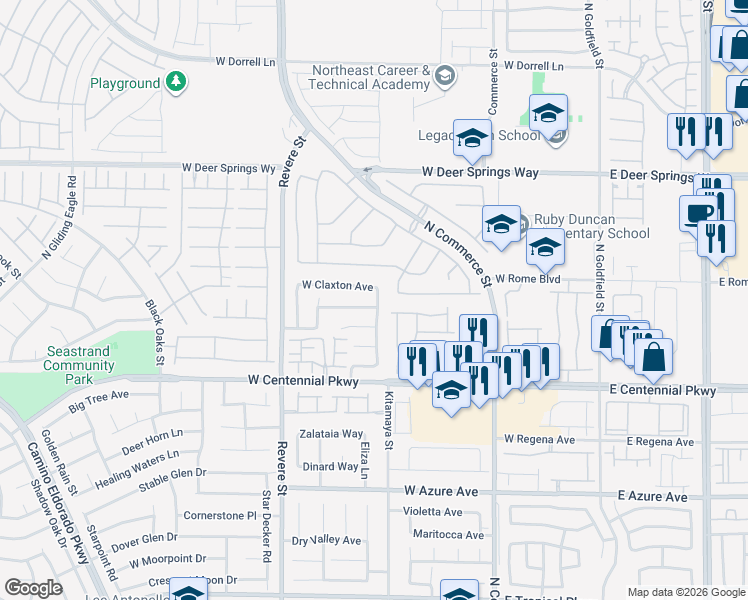 map of restaurants, bars, coffee shops, grocery stores, and more near 6520 North Point Break Street in North Las Vegas