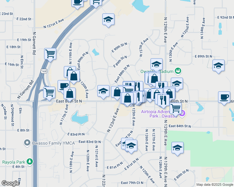 map of restaurants, bars, coffee shops, grocery stores, and more near 12303 East 87th Street North in Owasso