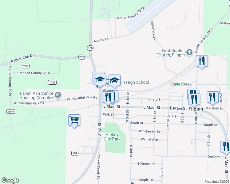 map of restaurants, bars, coffee shops, grocery stores, and more near 105 Girard Street in Flippin