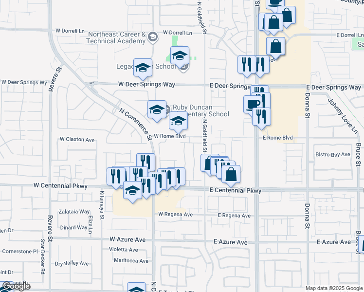 map of restaurants, bars, coffee shops, grocery stores, and more near 6553 Raven Hall Street in North Las Vegas
