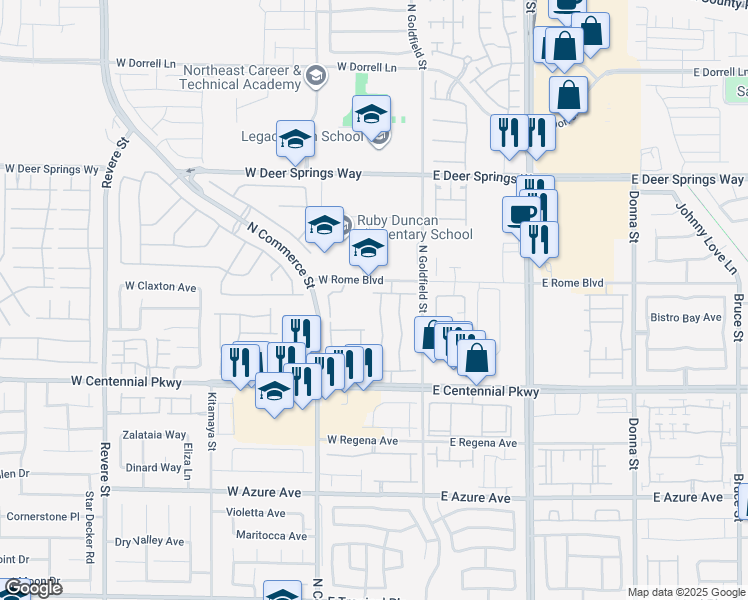map of restaurants, bars, coffee shops, grocery stores, and more near 6553 Raven Hall Street in North Las Vegas