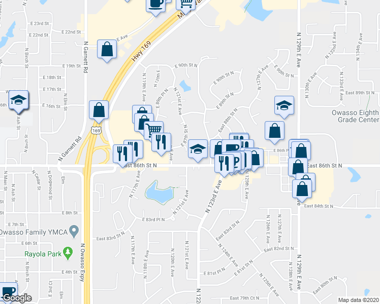 map of restaurants, bars, coffee shops, grocery stores, and more near 8607 North 121st East Avenue in Owasso