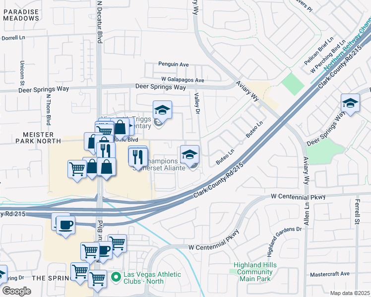 map of restaurants, bars, coffee shops, grocery stores, and more near 6545 Cedar Waxwing Street in North Las Vegas