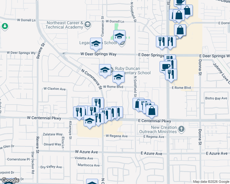map of restaurants, bars, coffee shops, grocery stores, and more near 193 Mocha Coconut Avenue in North Las Vegas