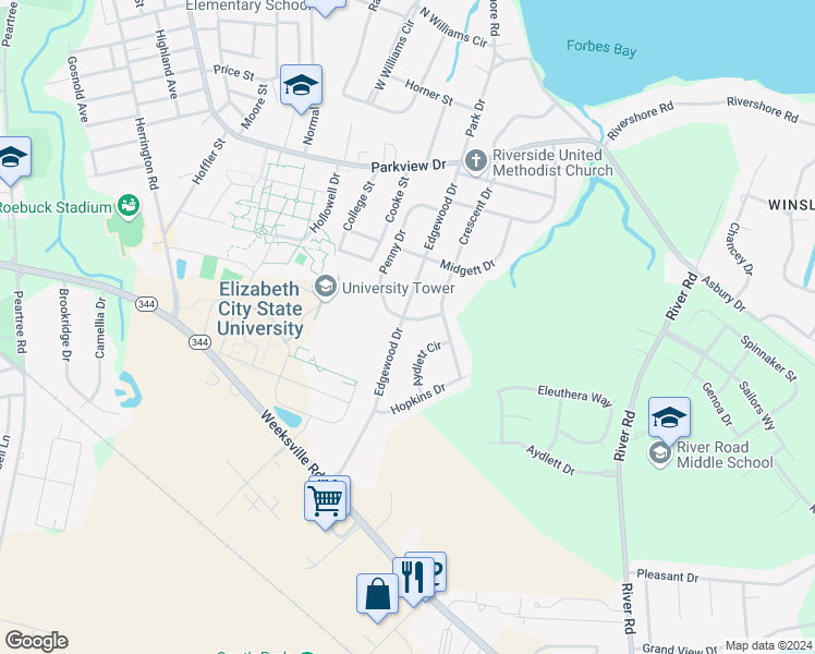 map of restaurants, bars, coffee shops, grocery stores, and more near 1700 Edgewood Drive in Elizabeth City