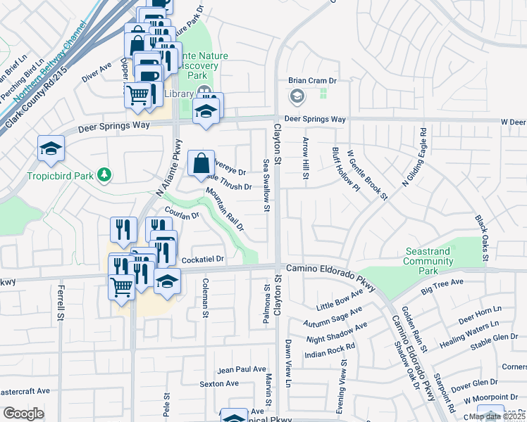 map of restaurants, bars, coffee shops, grocery stores, and more near 2104 West Merganser Court in North Las Vegas