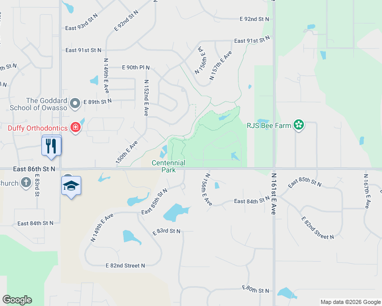 map of restaurants, bars, coffee shops, grocery stores, and more near 15416 East 87th Street North in Owasso