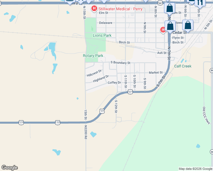 map of restaurants, bars, coffee shops, grocery stores, and more near 12 Terry Drive in Perry