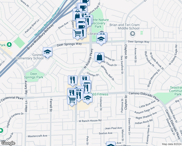 map of restaurants, bars, coffee shops, grocery stores, and more near 2616 Courlan Drive in North Las Vegas