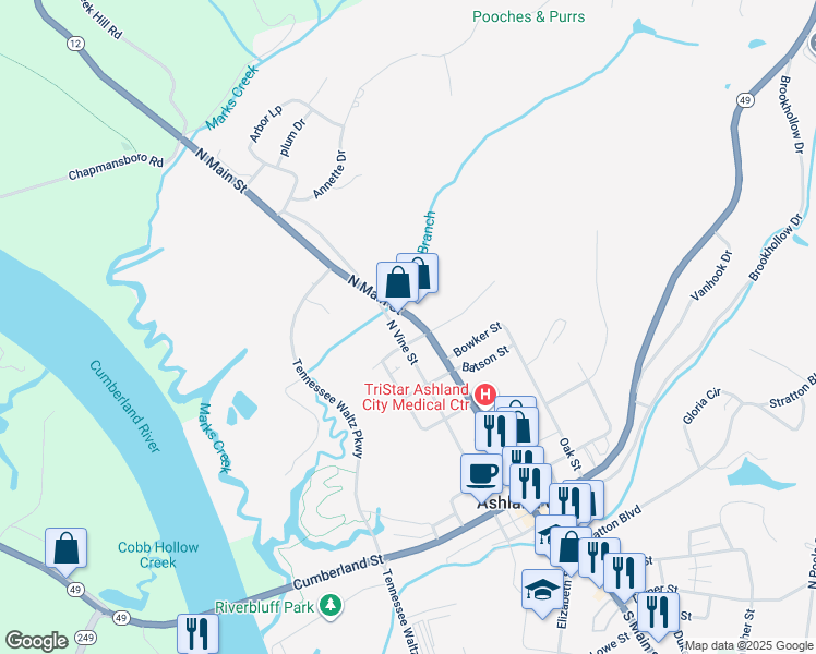 map of restaurants, bars, coffee shops, grocery stores, and more near 606 North Main Street in Ashland City