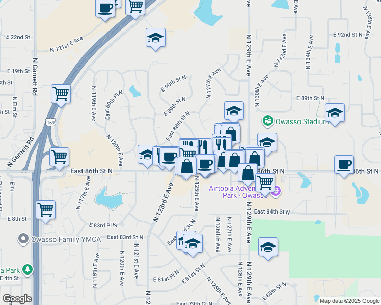 map of restaurants, bars, coffee shops, grocery stores, and more near 12412 E 87th Street North in Owasso