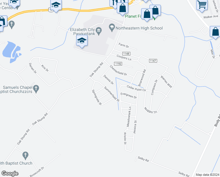map of restaurants, bars, coffee shops, grocery stores, and more near 124 Summerfield Street in Elizabeth City