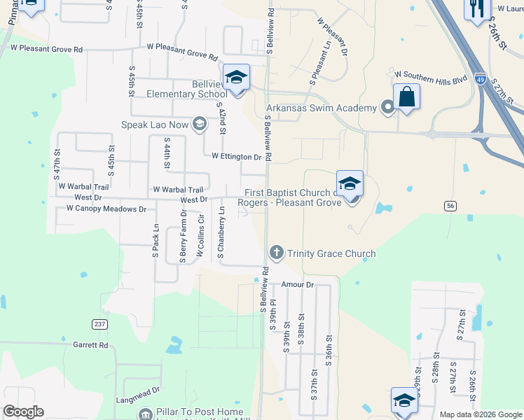 map of restaurants, bars, coffee shops, grocery stores, and more near 4062 West Drive in Rogers