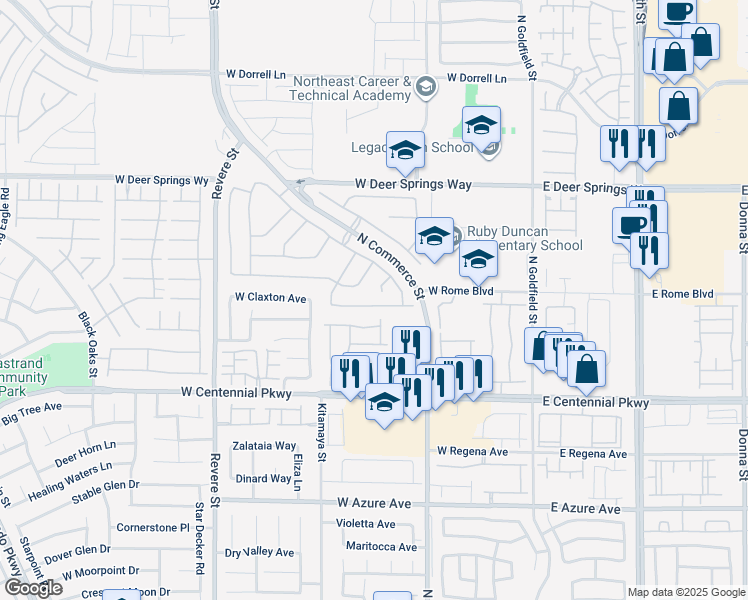 map of restaurants, bars, coffee shops, grocery stores, and more near 356 River Glider Avenue in North Las Vegas