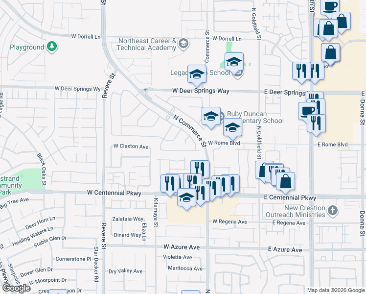 map of restaurants, bars, coffee shops, grocery stores, and more near 352 River Glider Avenue in North Las Vegas