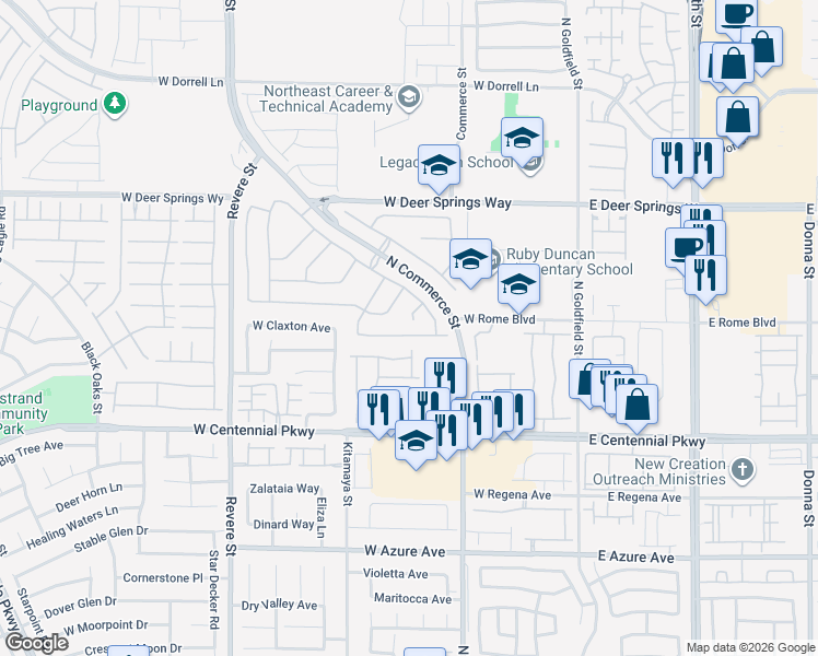 map of restaurants, bars, coffee shops, grocery stores, and more near 352 River Glider Avenue in North Las Vegas