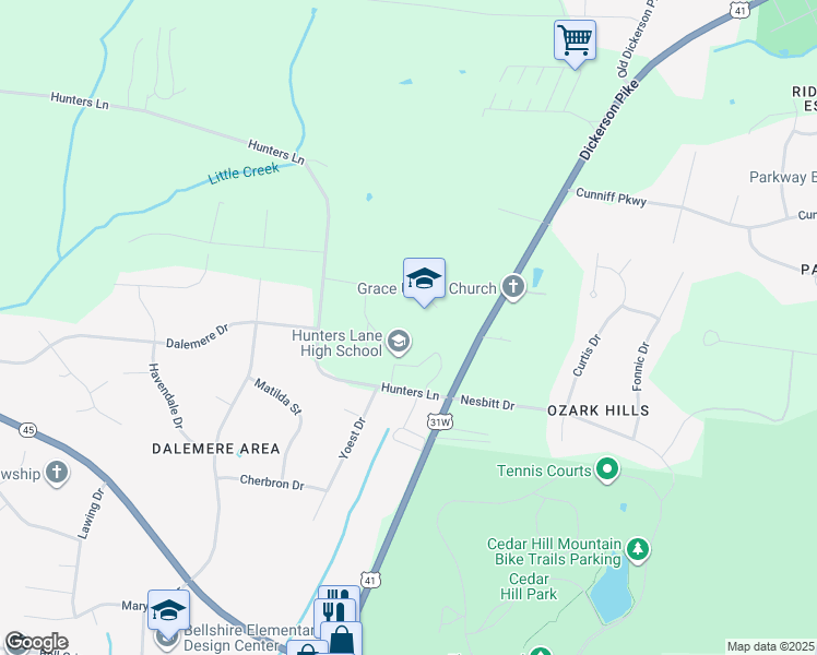 map of restaurants, bars, coffee shops, grocery stores, and more near 1150 Hunters Lane in Nashville