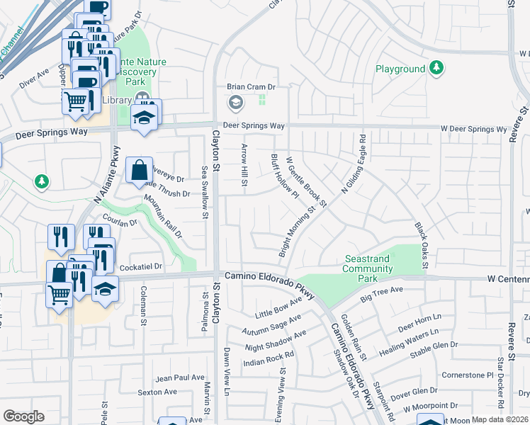 map of restaurants, bars, coffee shops, grocery stores, and more near 6520 Night Owl Bluff Avenue in North Las Vegas
