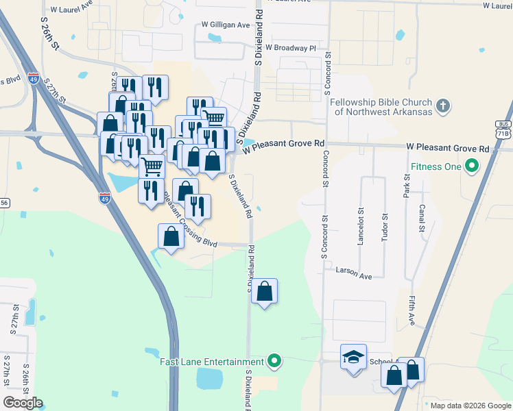 map of restaurants, bars, coffee shops, grocery stores, and more near 4255-4287 South Dixieland Road in Rogers