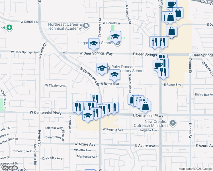 map of restaurants, bars, coffee shops, grocery stores, and more near 216 Mocha Coconut Avenue in North Las Vegas